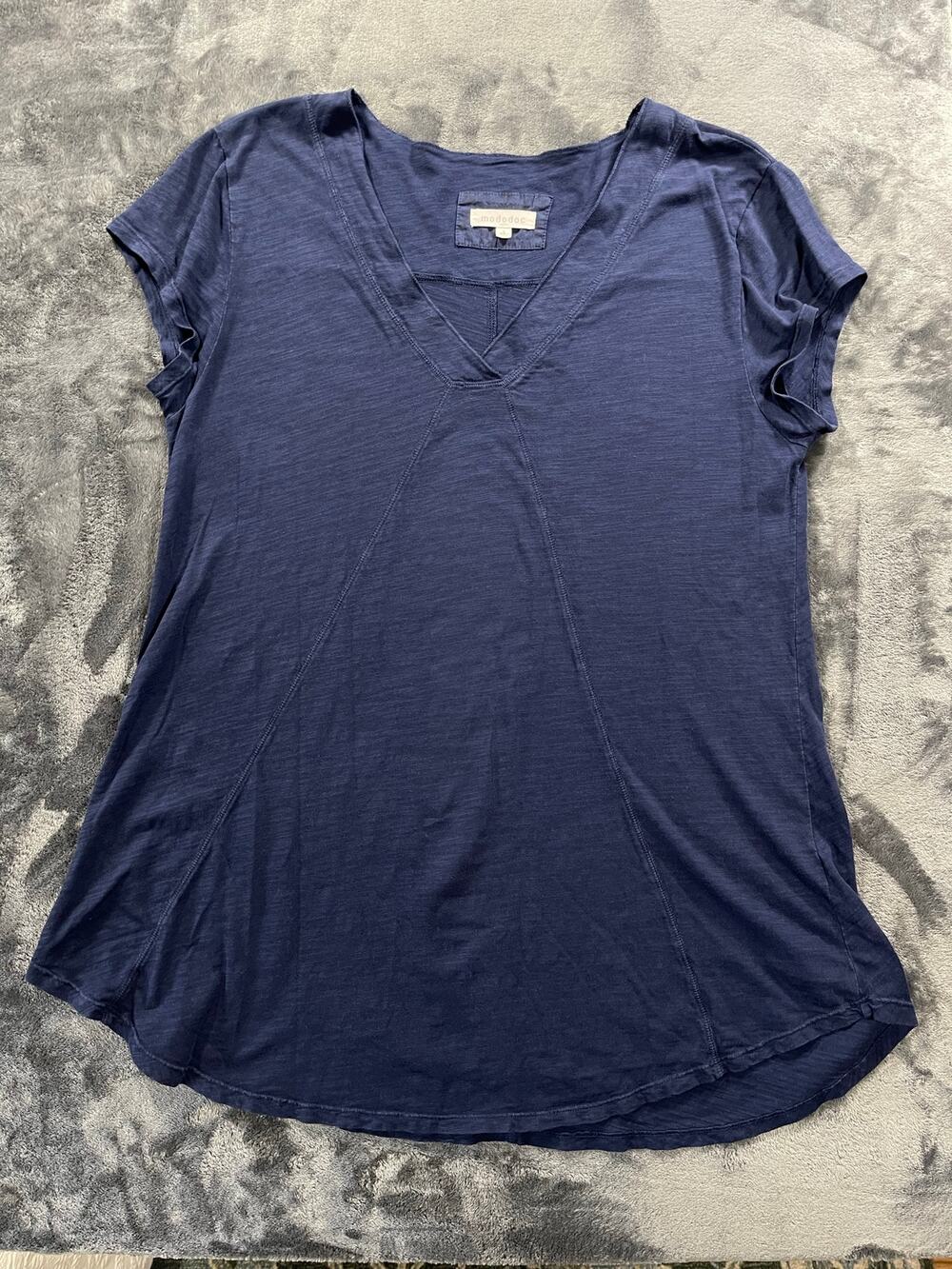 Mododoc 100% Cotton V-Neck Blouse Navy Short Sleeve Knit Top Size Large L EUC